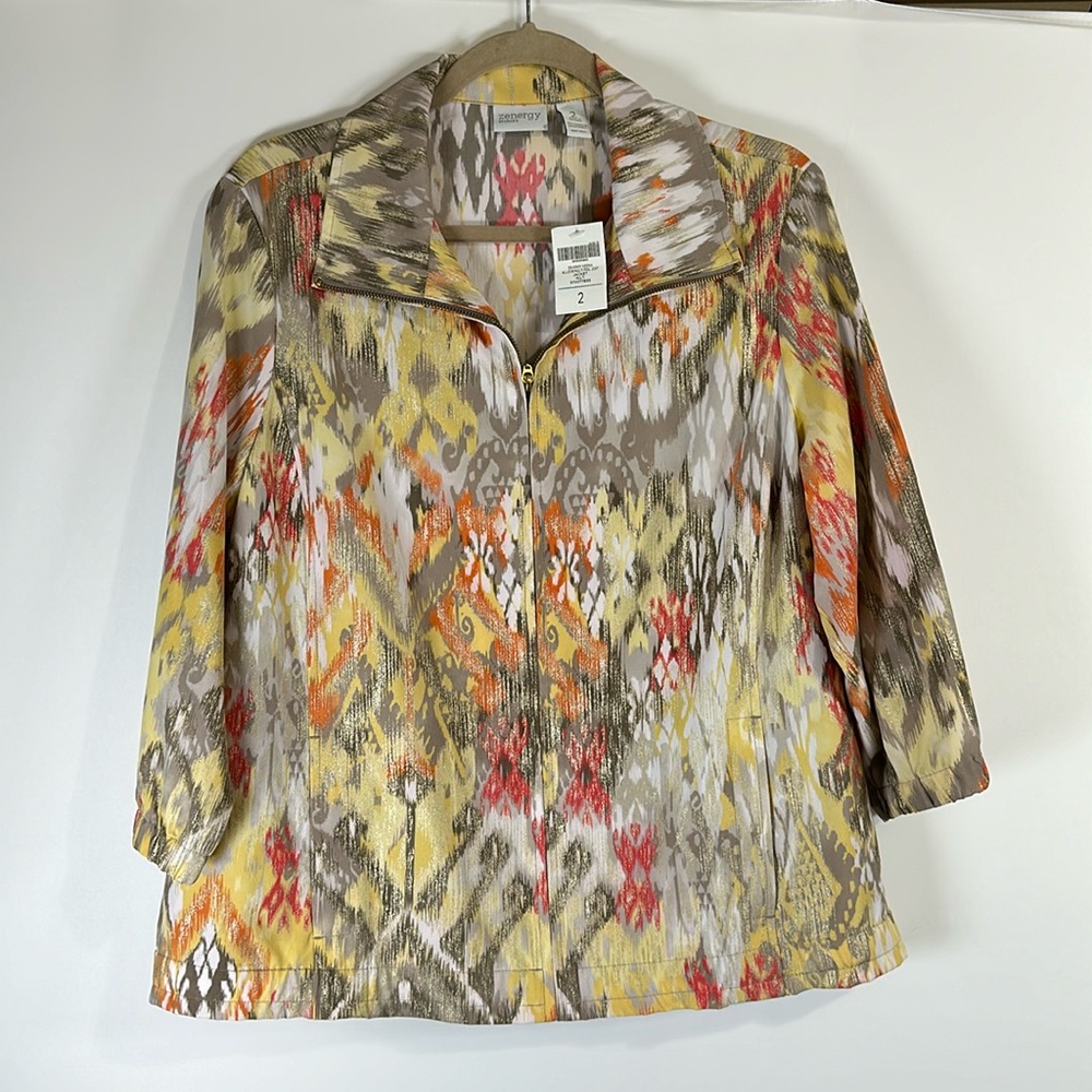 Zenergy by Chico women zip up casual jacket unlined 3/4 sleeve pockets Size 2